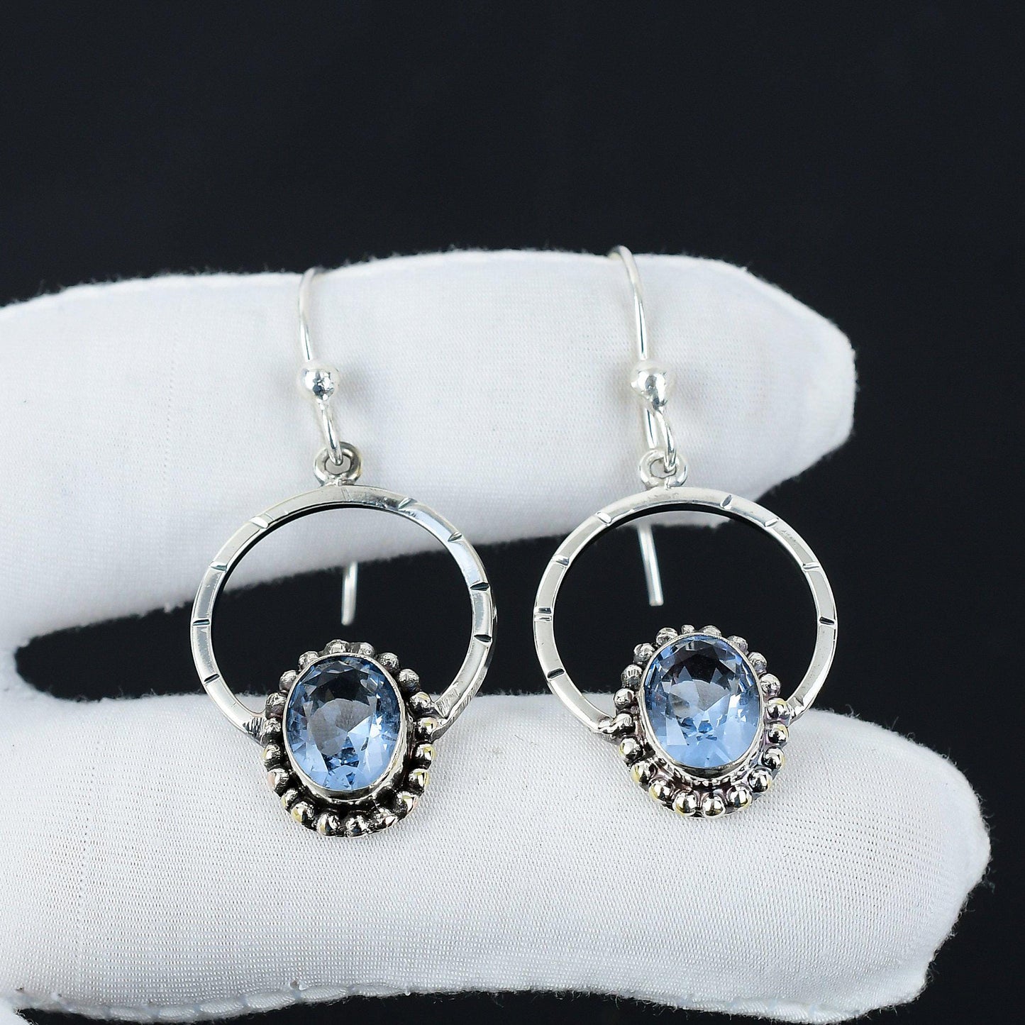 Aquamarine Blue Gemstone Hoop Earrings