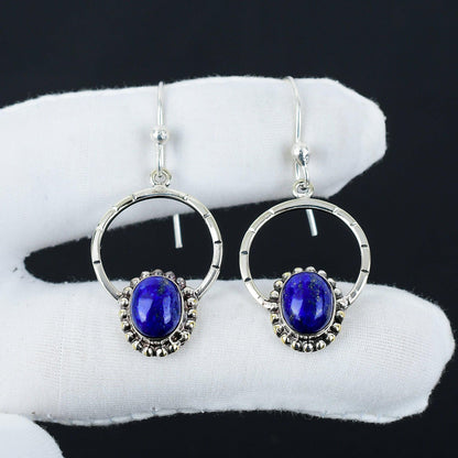 Blue Lapis Lazuli Gemstone Hoop Earrings