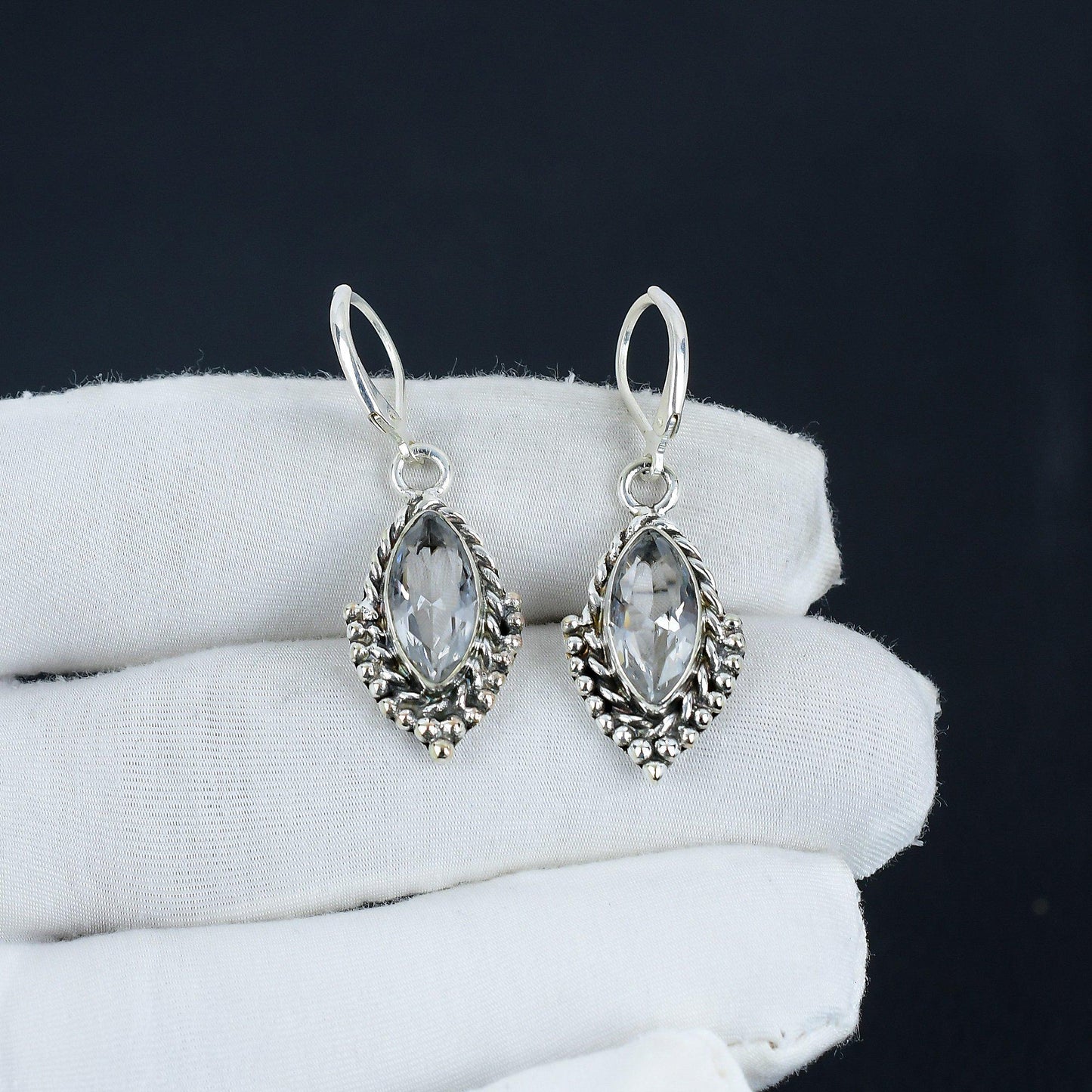 White Topaz Gemstone Marquise Earrings