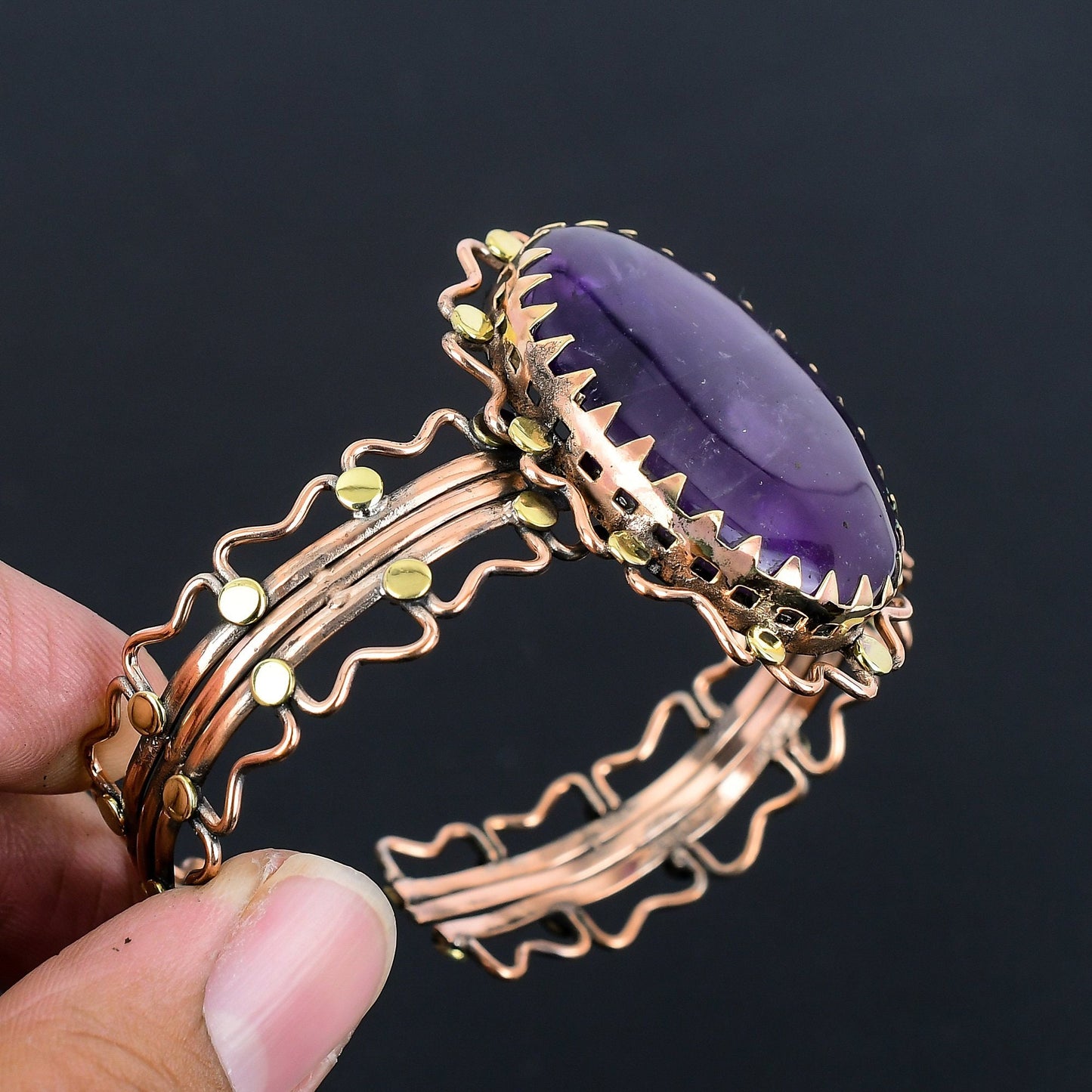 Purple Amethyst Gemstone Copper Cuff Bracelet