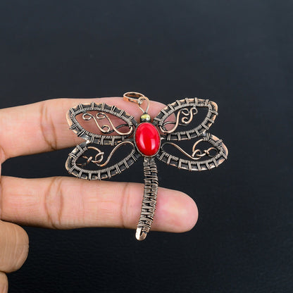 Red Coral Gemstone Dragonfly Pendant