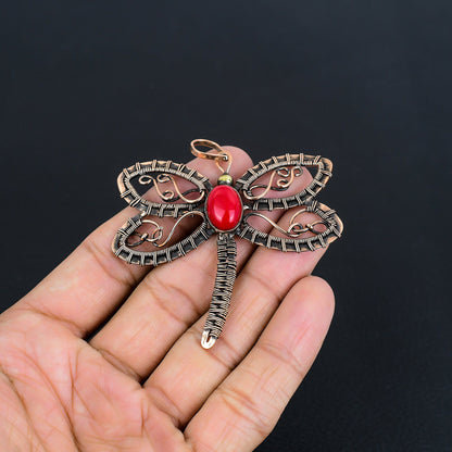 Red Coral Gemstone Dragonfly Pendant