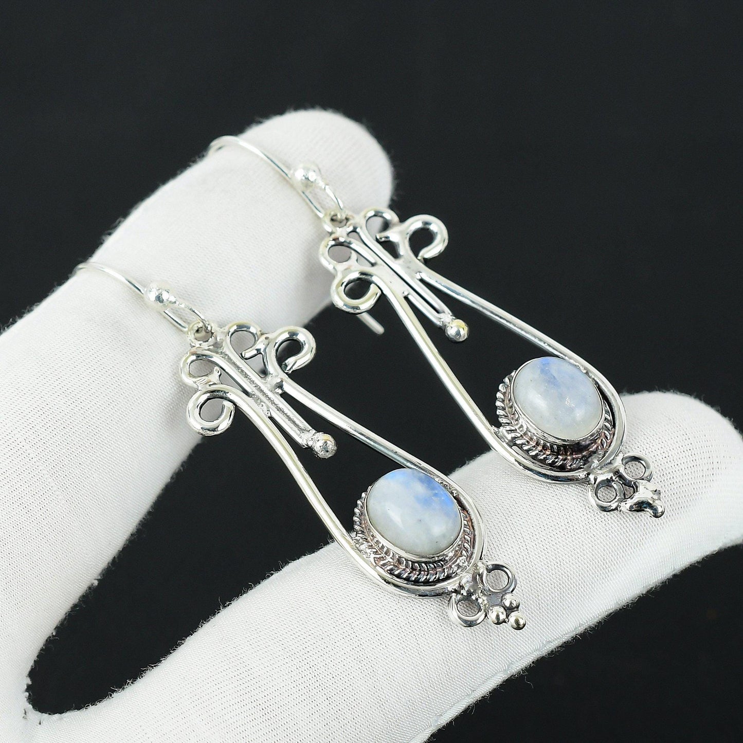 Blue Flash Moonstone Silver Earrings
