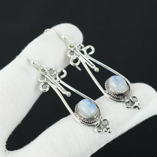 Blue Flash Moonstone Silver Earrings
