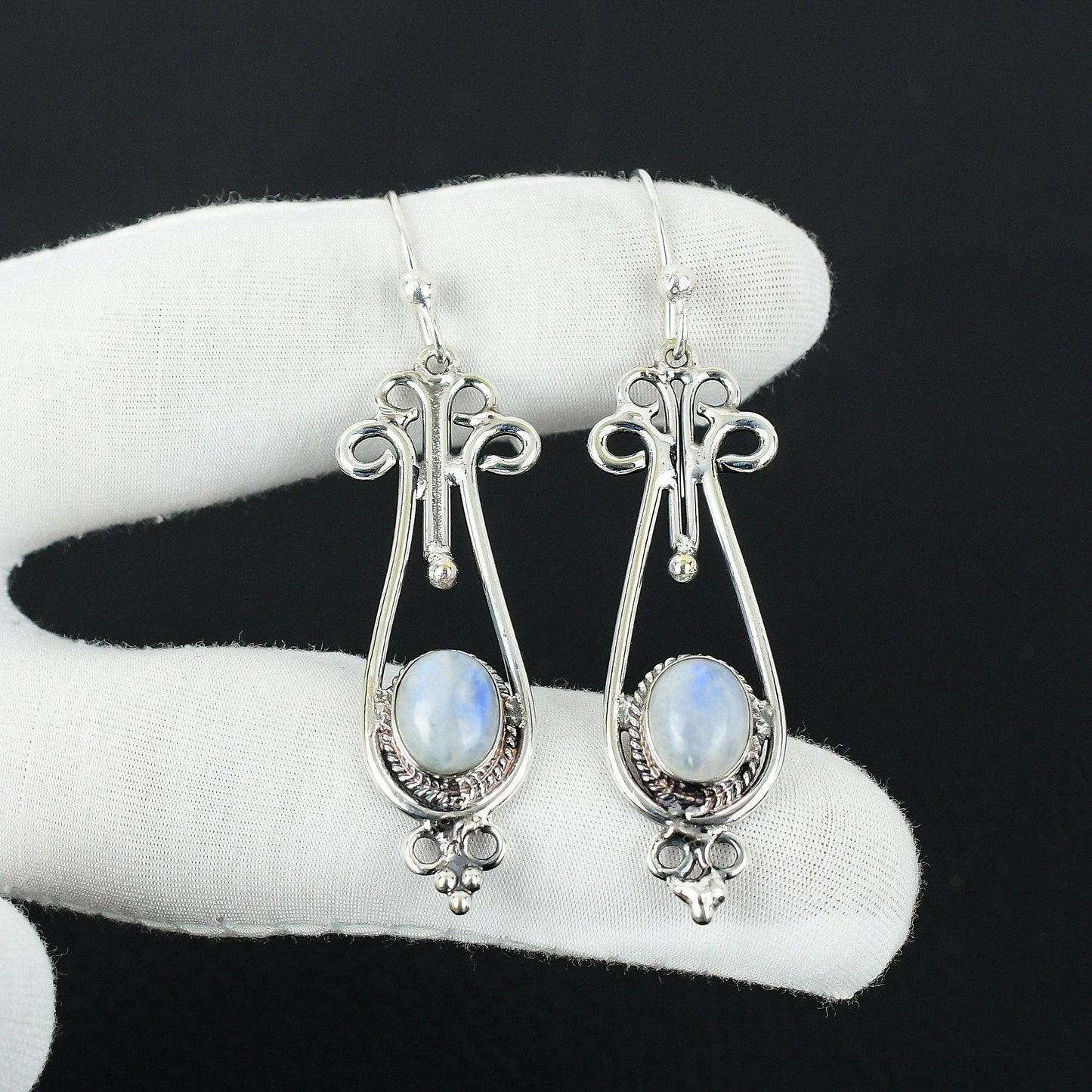 Blue Flash Moonstone Silver Earrings