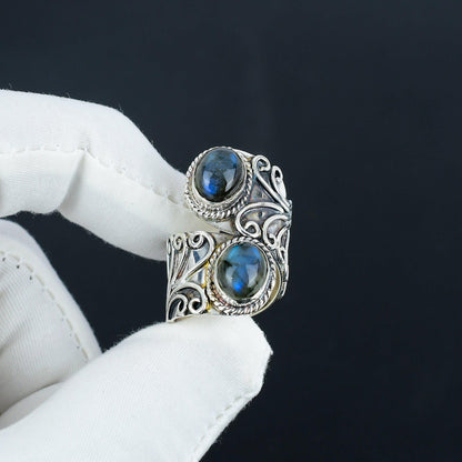 Blue Flash Labradorite Gemstone Silver Ring