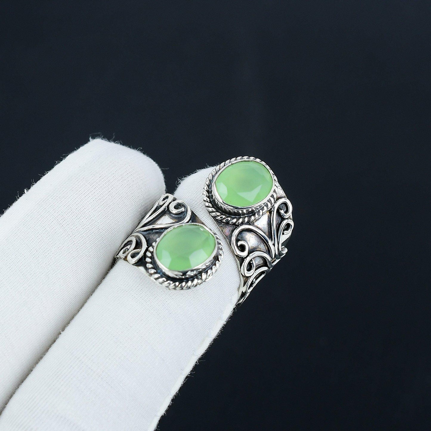 Green Chalcedony Double Stone Silver Ring