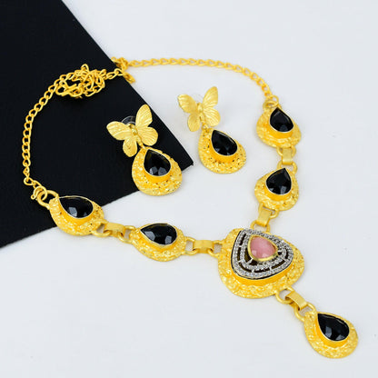 Gold Gemstone Necklace & Earring Set