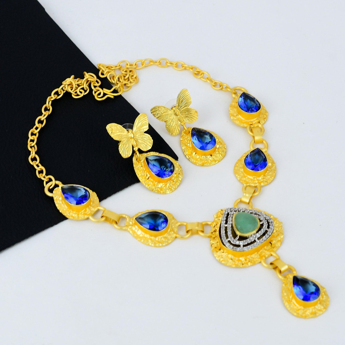 Gold Gemstone Necklace & Earring Set