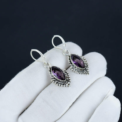 Purple Amethyst Gemstone Sterling Silver Marquise Earrings