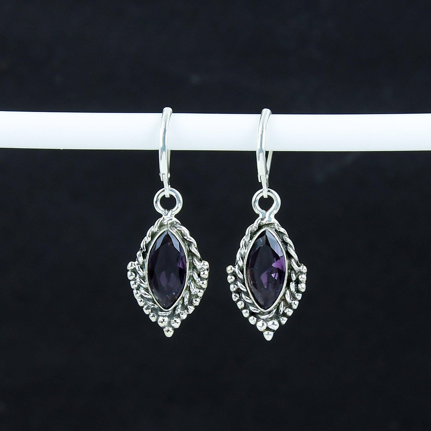 Purple Amethyst Gemstone Sterling Silver Marquise Earrings