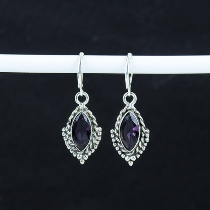 Purple Amethyst Gemstone Sterling Silver Marquise Earrings