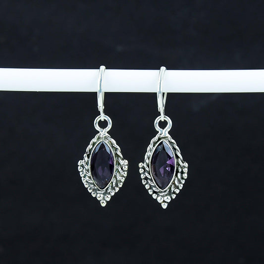 Purple Amethyst Gemstone Sterling Silver Marquise Earrings