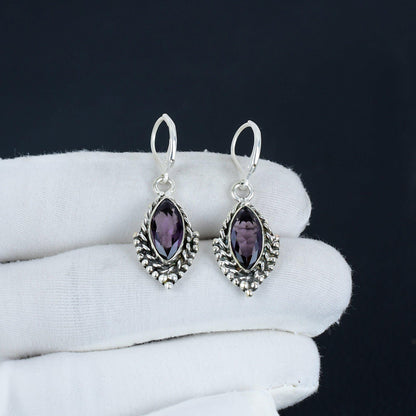 Purple Amethyst Gemstone Sterling Silver Marquise Earrings