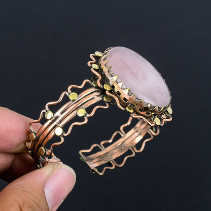 Pink Rose Quartz Gemstone Copper Cuff Bracelet