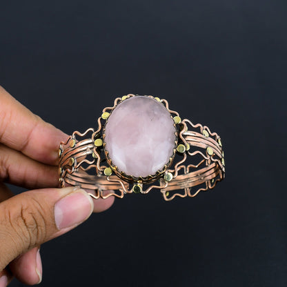 Pink Rose Quartz Gemstone Copper Cuff Bracelet