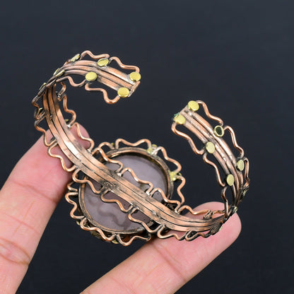 Pink Rose Quartz Gemstone Copper Cuff Bracelet