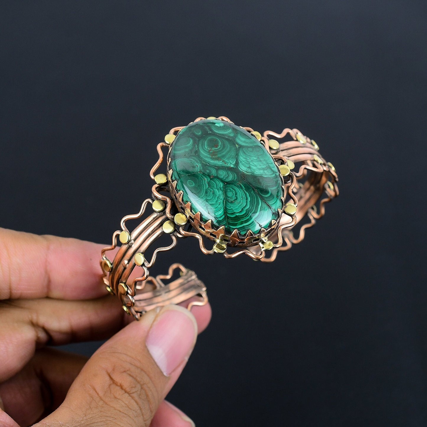 Green Malachite Gemstone Copper Cuff