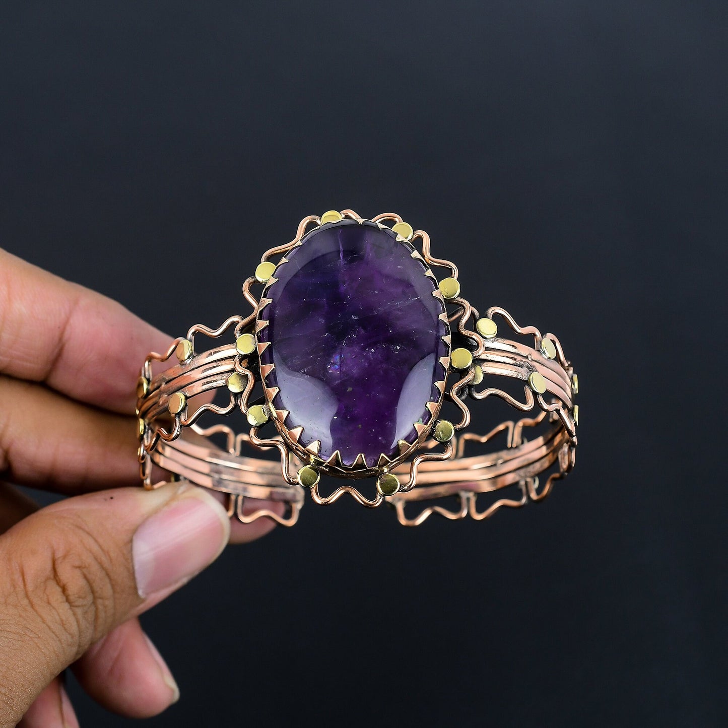 Purple Amethyst Gemstone Copper Cuff Bracelet