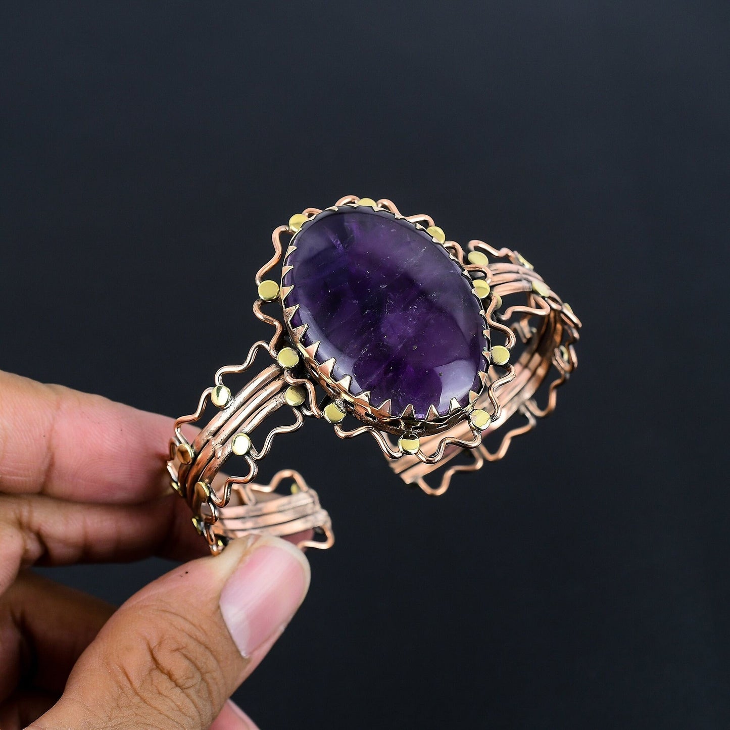 Purple Amethyst Gemstone Copper Cuff Bracelet
