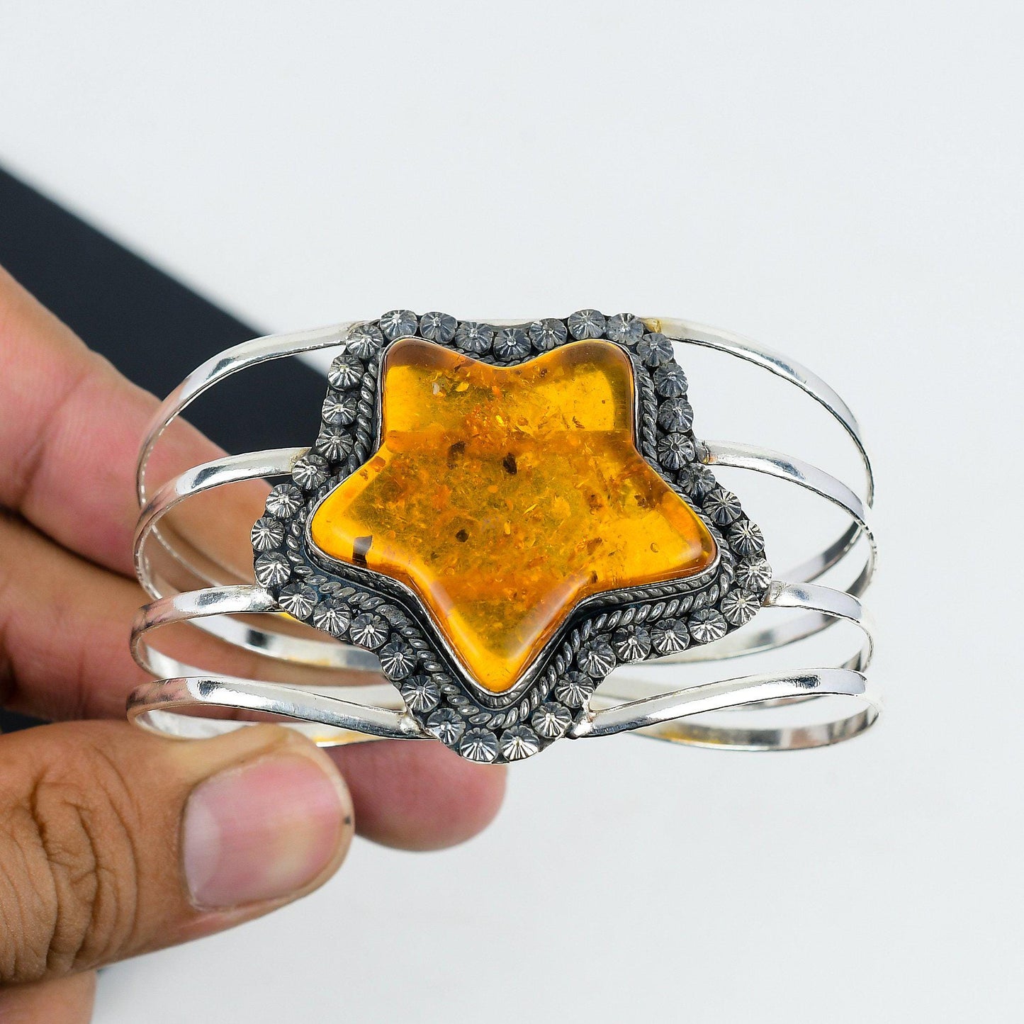Amber Gemstone Star Sterling Silver Bangle