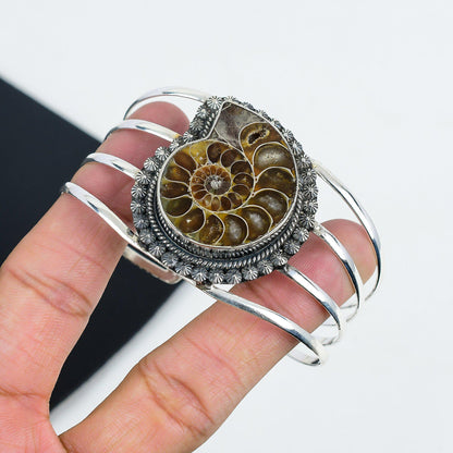 Brown Ammonite Gemstone Sterling Silver Bangle