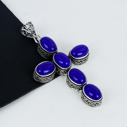 Blue Lapis Lazuli Silver Cross Pendant