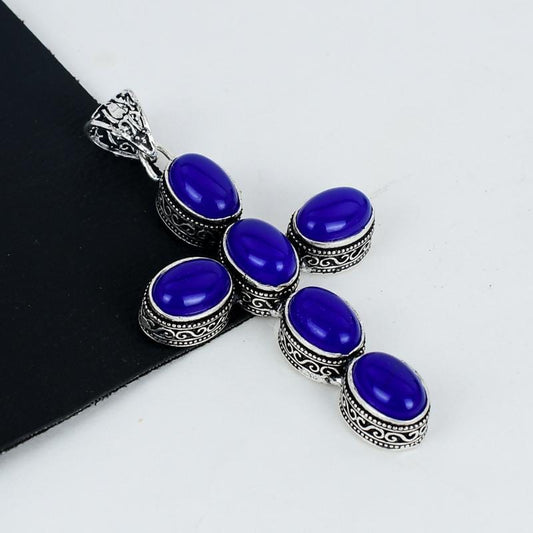 Blue Lapis Lazuli Silver Cross Pendant