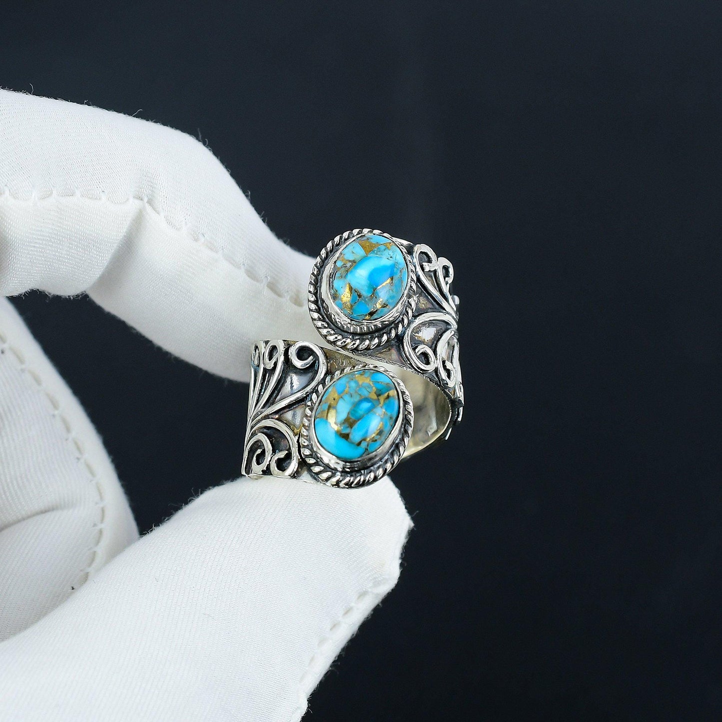 Blue Copper Turquoise Sterling Silver Boho Ring