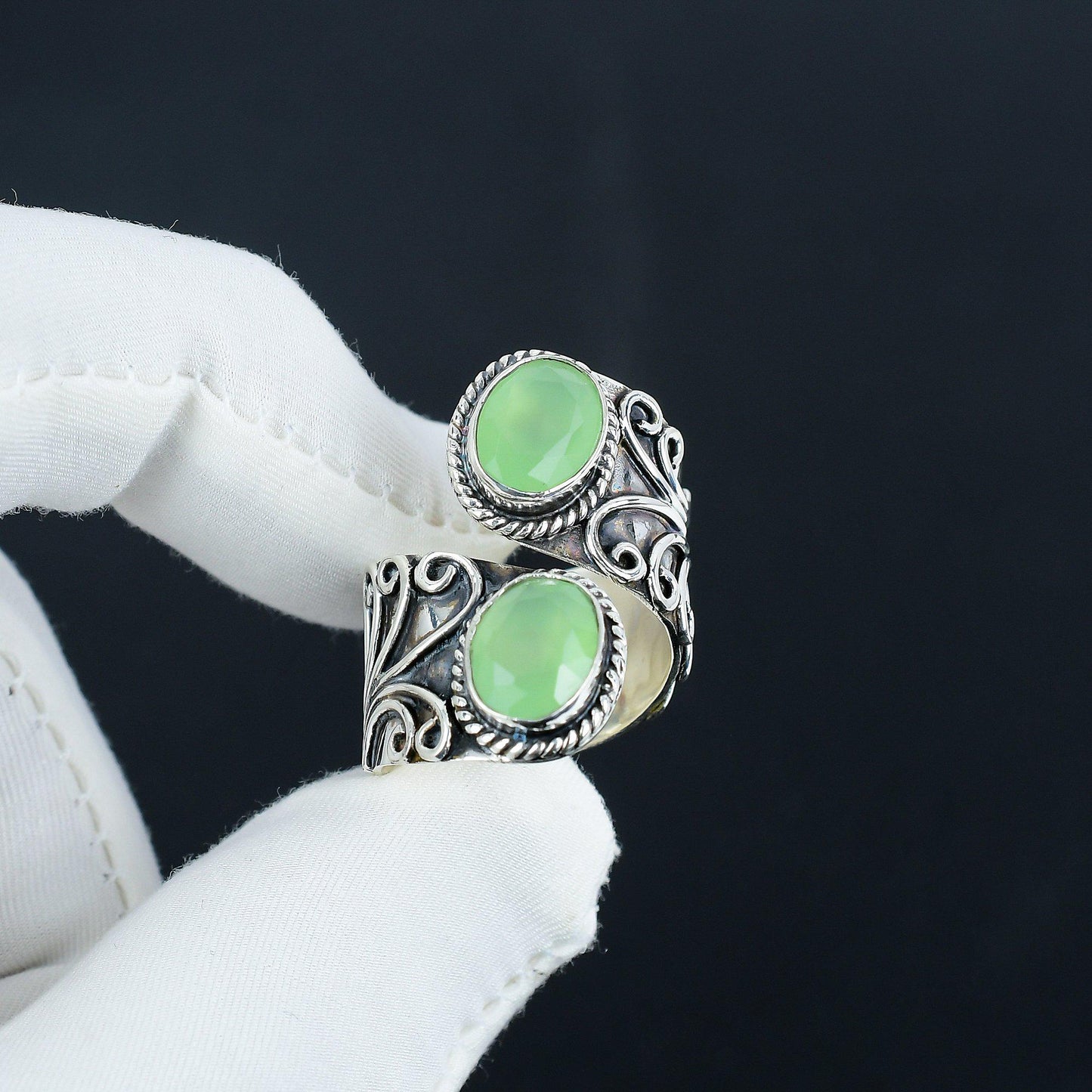 Green Chalcedony Double Stone Silver Ring