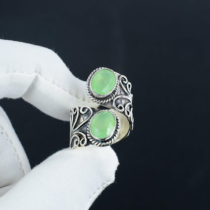 Green Chalcedony Double Stone Silver Ring