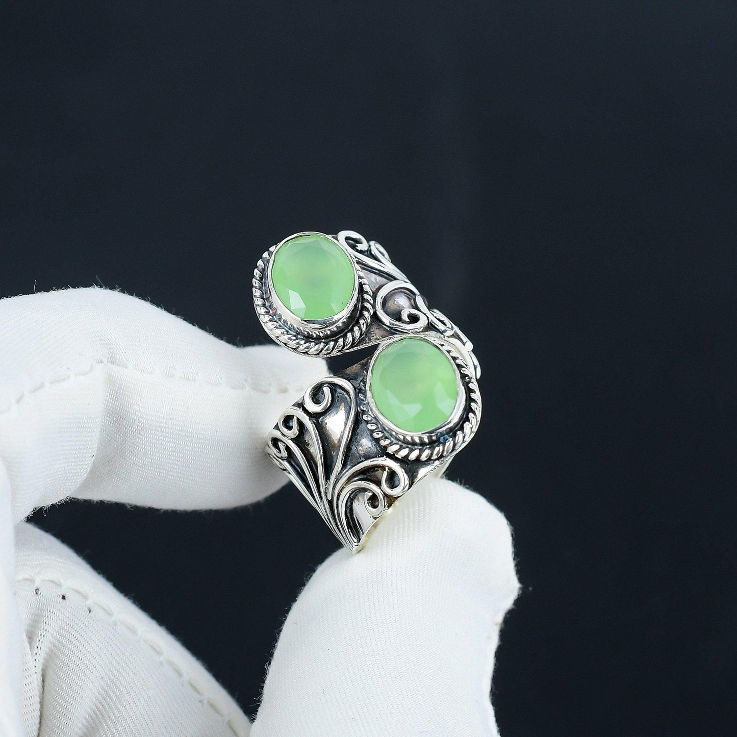 Green Chalcedony Double Stone Silver Ring