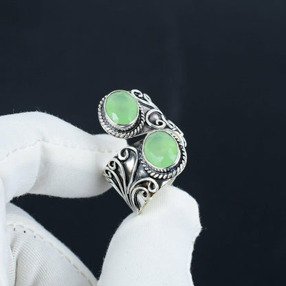 Green Chalcedony Double Stone Silver Ring