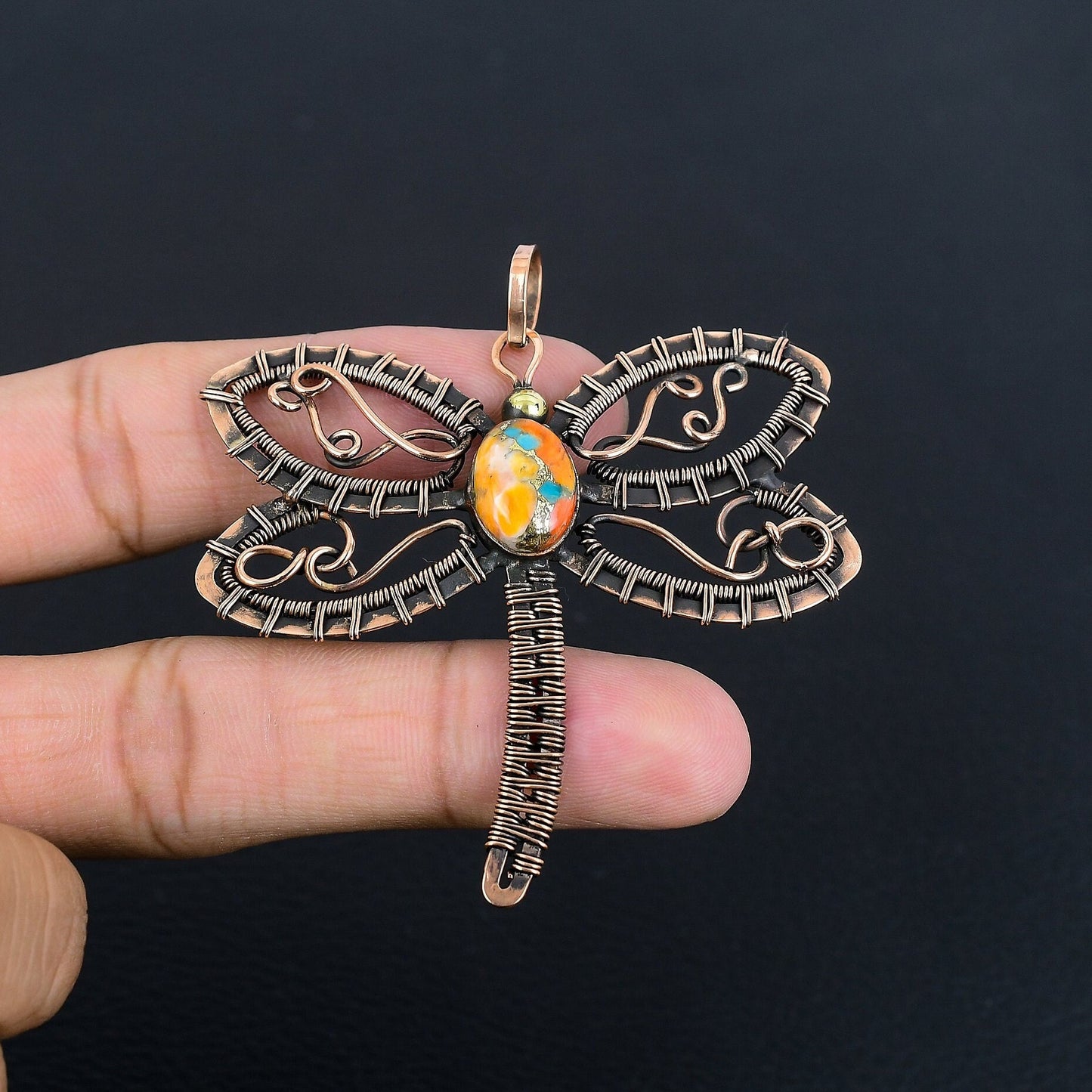 Orange Turquoise Dragonfly Gemstone Pendant