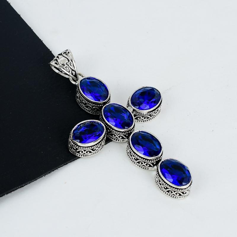 Blue Sapphire Silver Cross Pendant