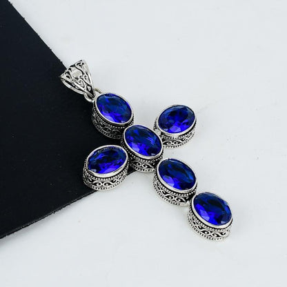 Blue Sapphire Silver Cross Pendant