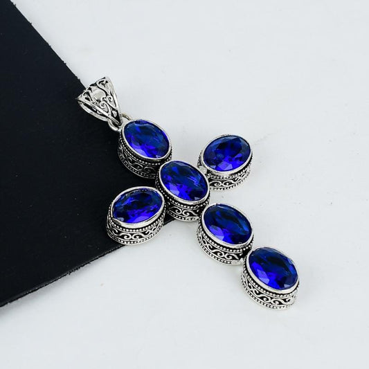 Blue Sapphire Silver Cross Pendant
