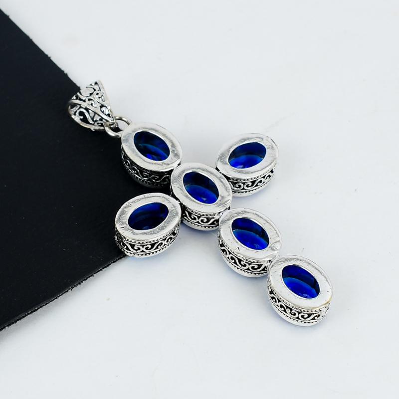 Blue Sapphire Silver Cross Pendant