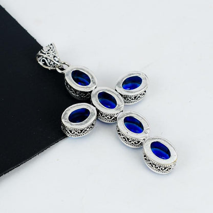 Blue Sapphire Silver Cross Pendant
