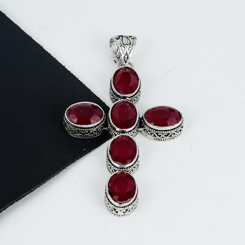 Red Ruby Silver Cross Pendant