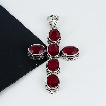 Red Ruby Silver Cross Pendant