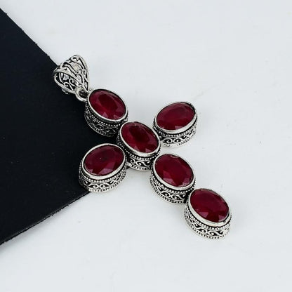 Red Ruby Silver Cross Pendant