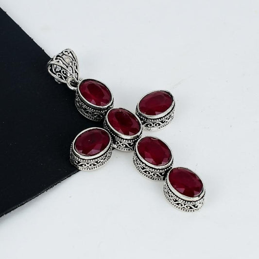 Red Ruby Silver Cross Pendant