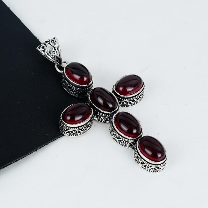 Red Garnet Silver Cross Pendant