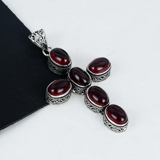 Red Garnet Silver Cross Pendant