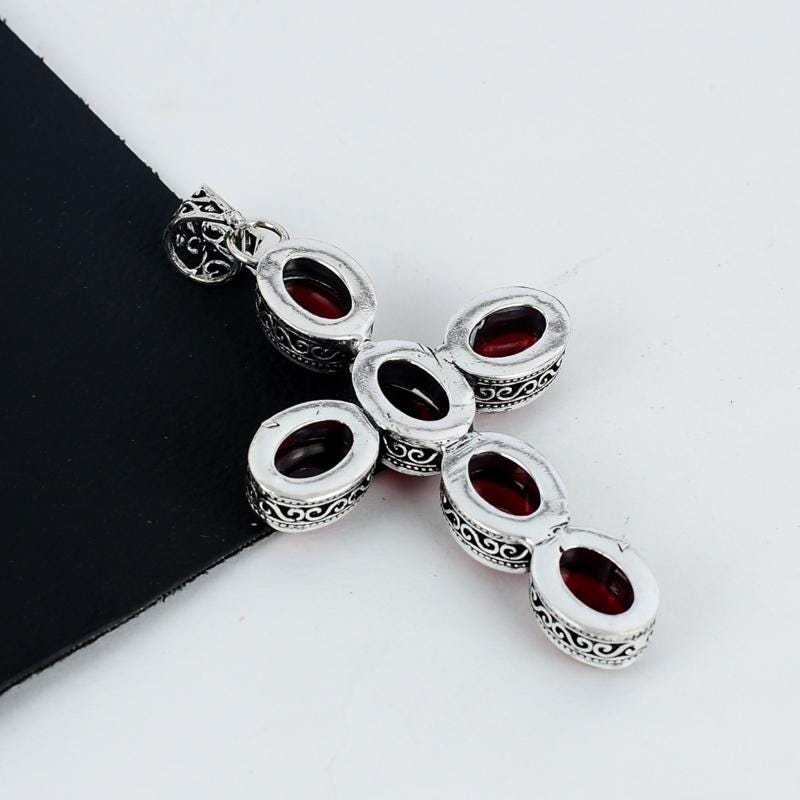 Red Garnet Silver Cross Pendant