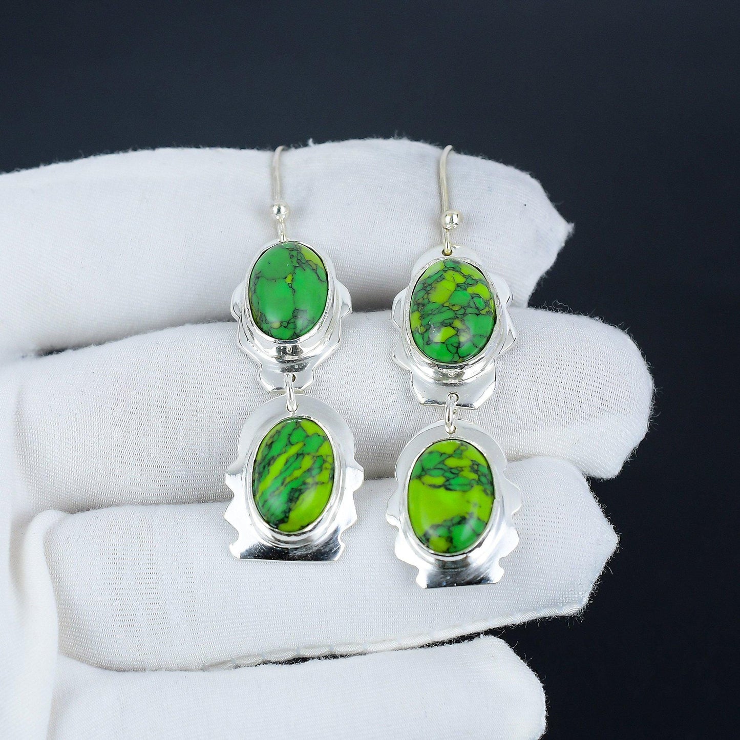 Green Copper Turquoise Gemstone Sterling Silver Earrings