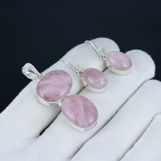 Rose Quartz Gemstone Pendant & Earring Set