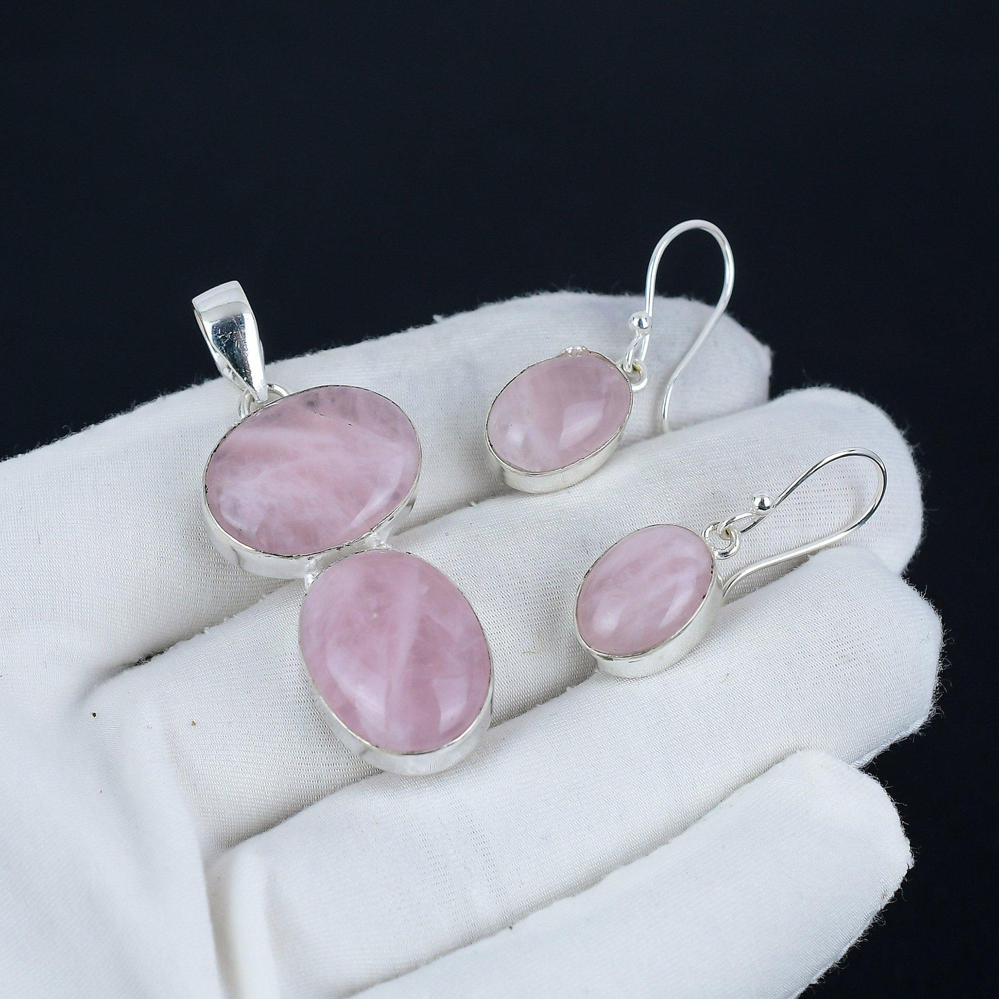 Rose Quartz Gemstone Pendant & Earring Set