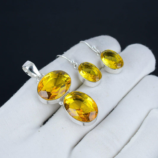 Yellow Citrine Gemstone Pendant & Earrings